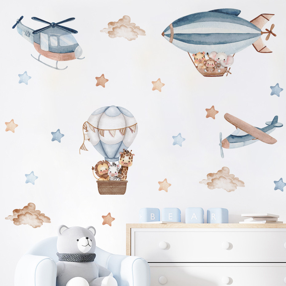 Baby Nursery Labels - Autocollants muraux animaux aquarelle, ballons à