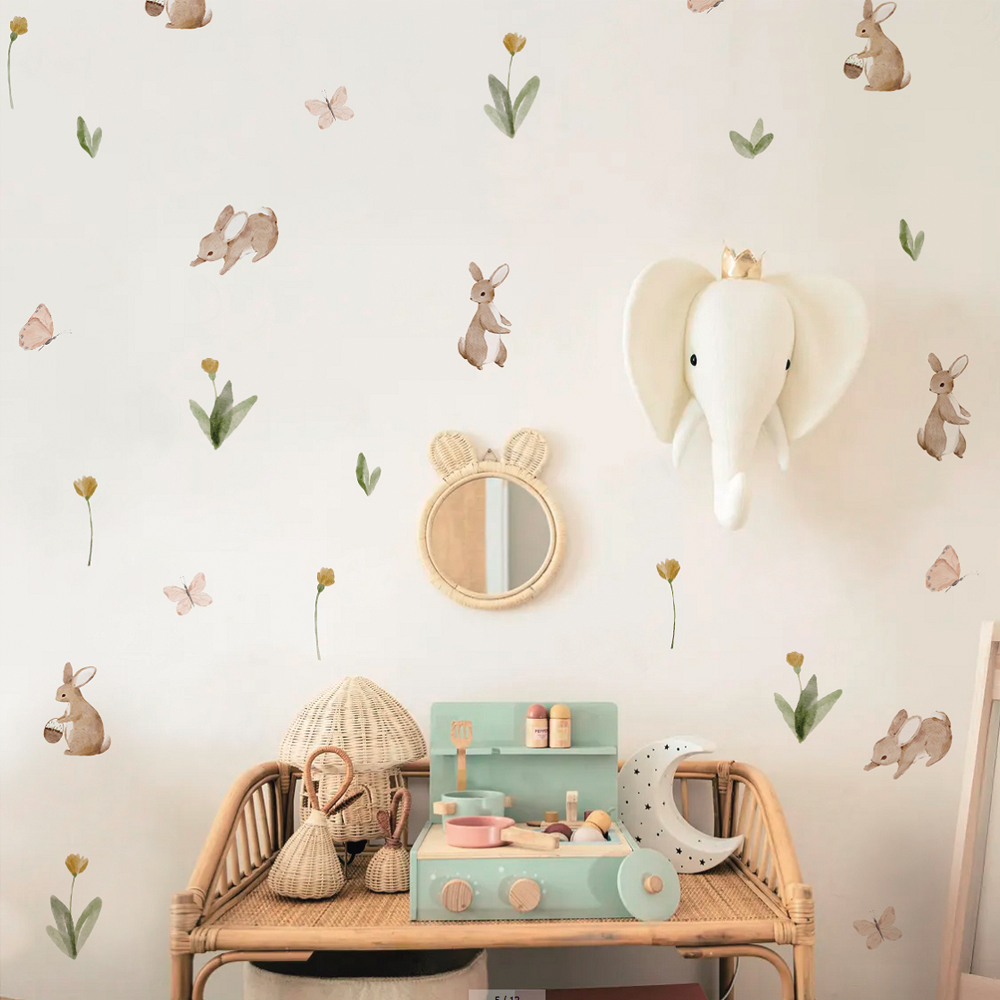 Baby Nursery Labels - Autocollant mural aquarelle lapins et fleurs
